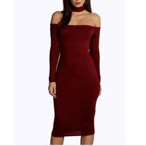BooHoo Midi Dress Off the Shoulder Neck Detail